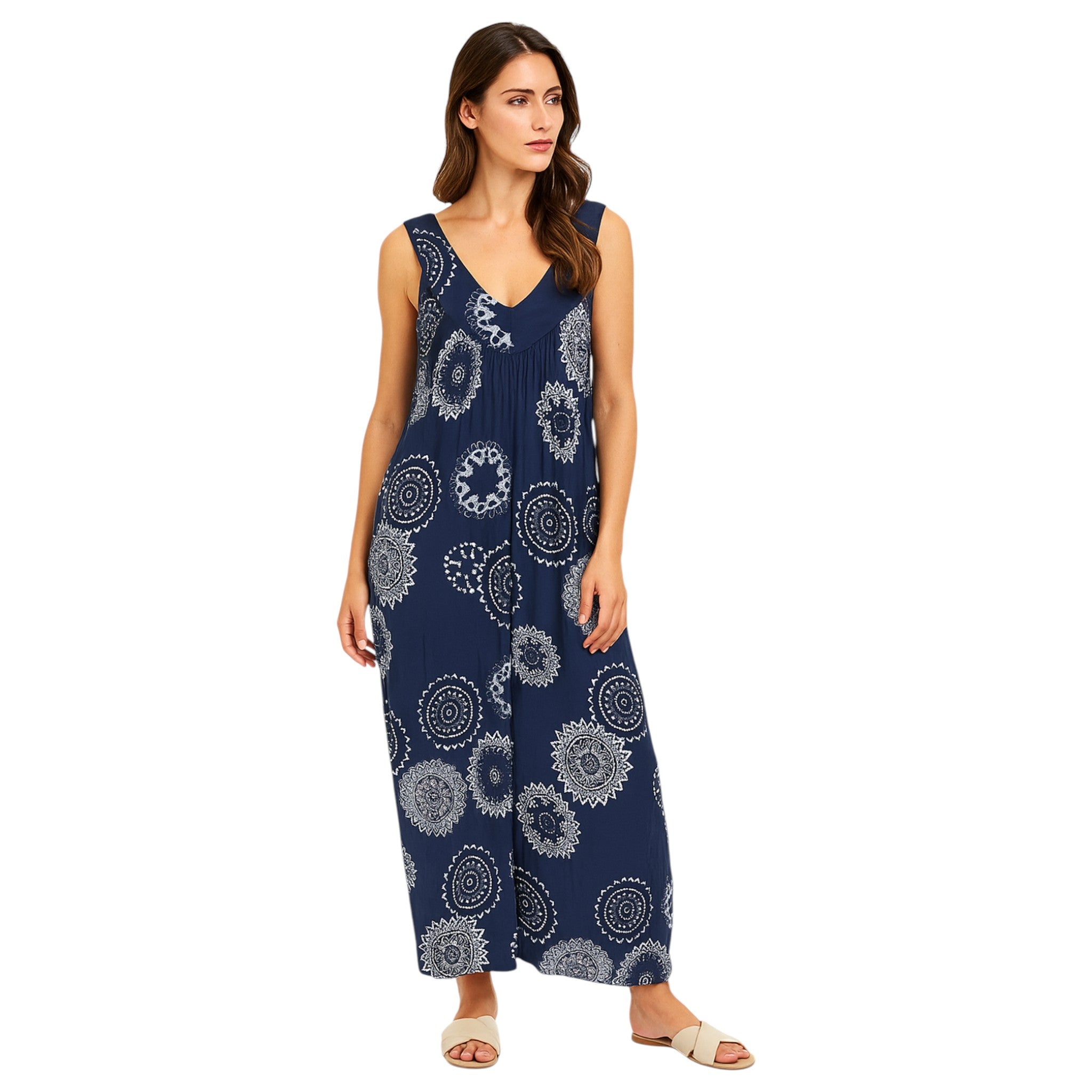 Women's sleeveless navy blue boho summer midi dress with paisley print – lightweight and flowy beach holiday dress